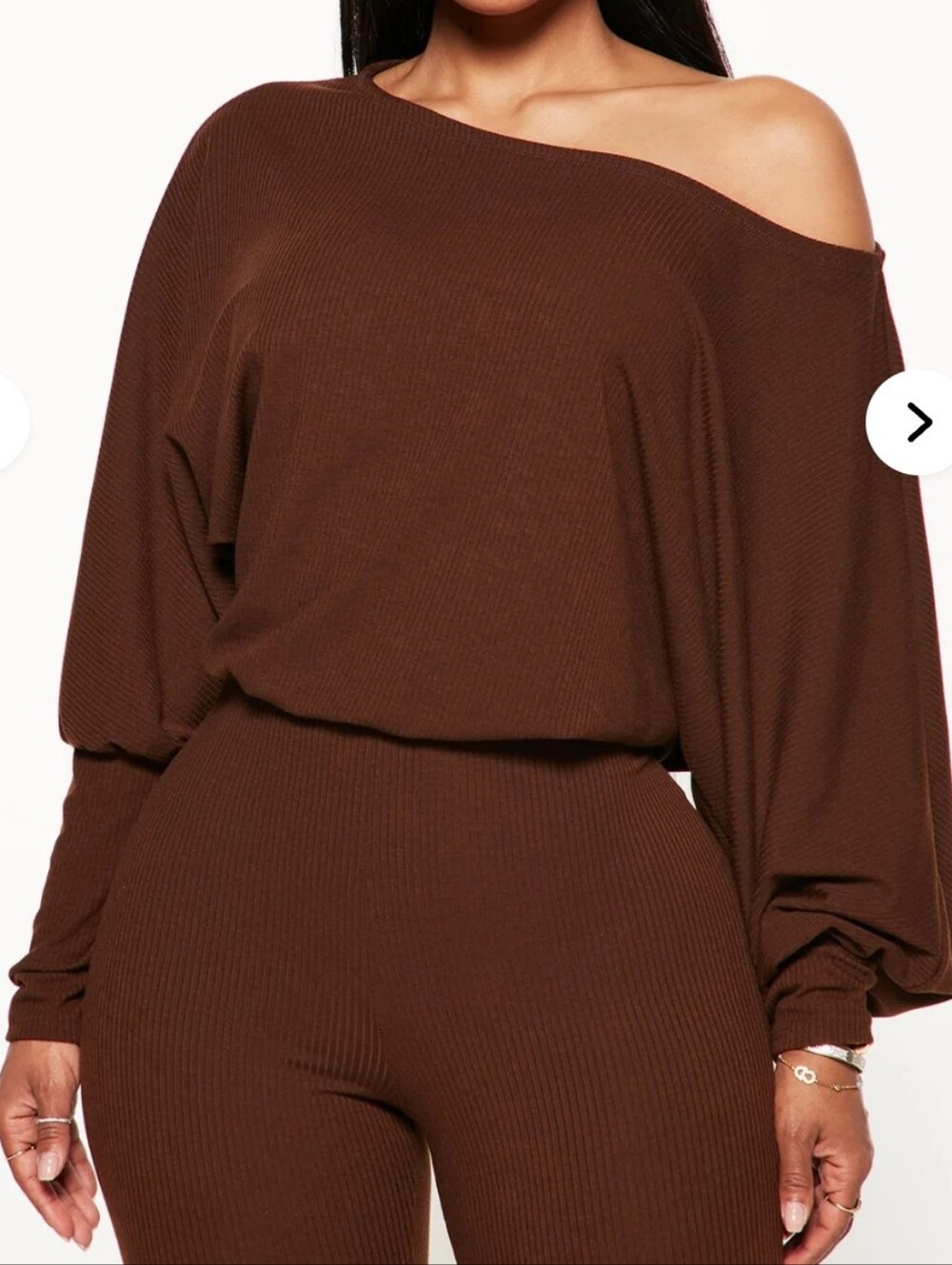Off-the-Shoulder Ribbed One-Piece Set in Chocolate Brown